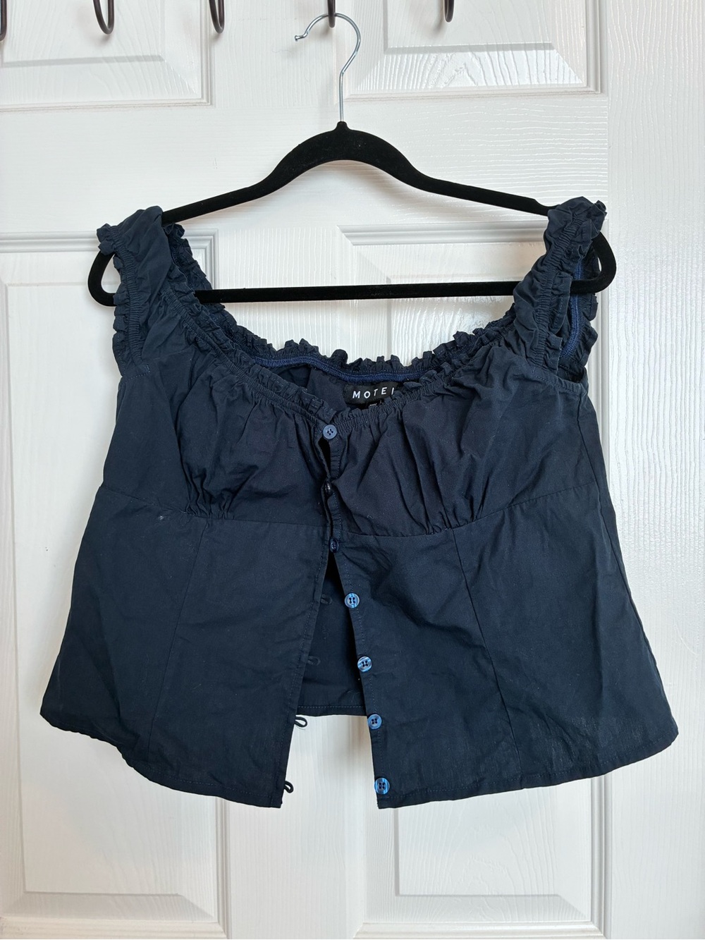 Motel Rocks Navy Ruffle cottage core top